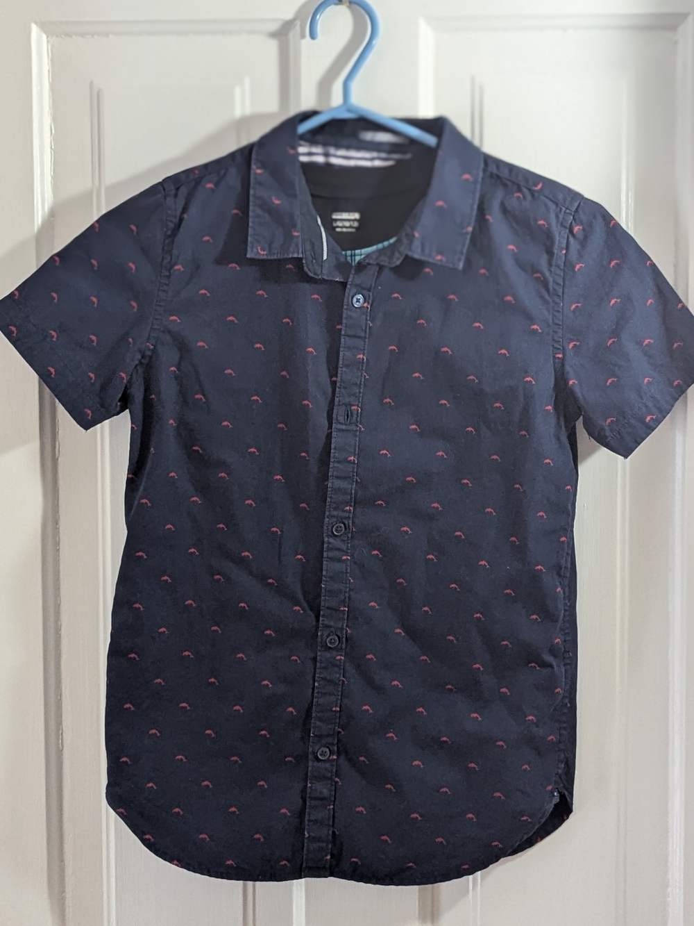 Boy's Navy Short-Sleeve Button-Up Shirt with Red Micro Print 10/12